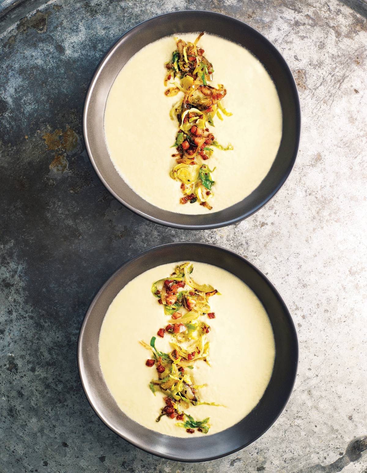 Creamy Cauliflower Soup with Brussels Sprout Hash